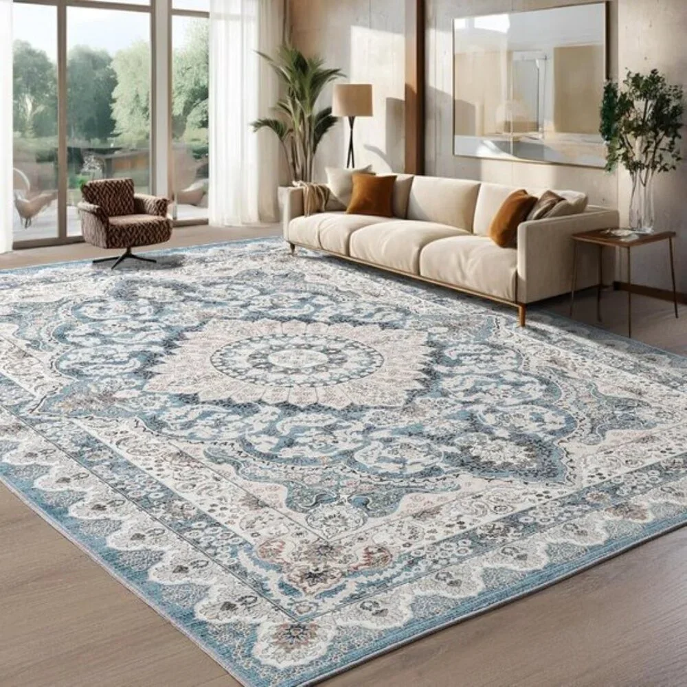 New 6x9 Blue Vintage Washable Rug Non-Slip Low Pile Carpet for Home & Room